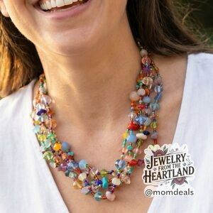 Multicolor 5 Strand Beaded Gemstone & Glass Beads Chocker Necklace Vibrant